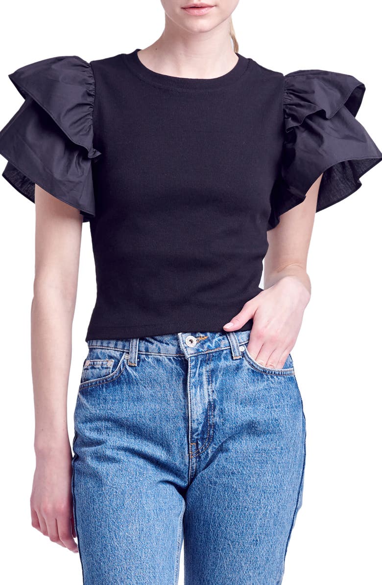 English Factory Mix Media Ruffle Sleeve Cotton Rib Top, Main, color, Black
