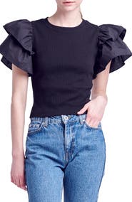 English Factory Mix Media Ruffle Sleeve Cotton Rib Top