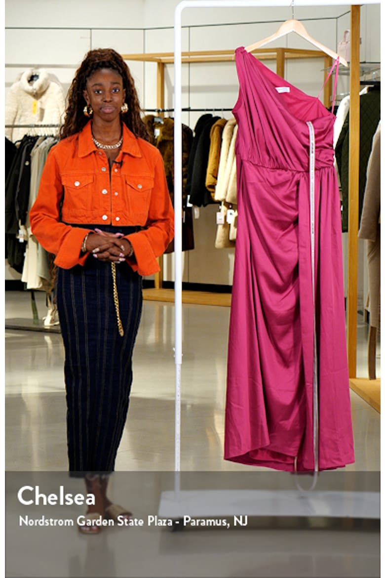 Gathered One Shoulder Satin Faux Wrap Gown video