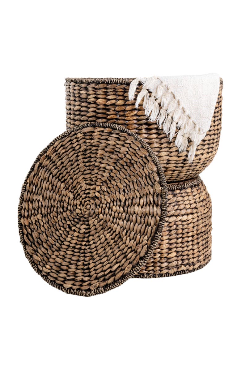 HAPPIMESS Bhola Hourglass Handwoven Hyacinth Storage Accent Table with Lid, Alternate, color, Brown Wash