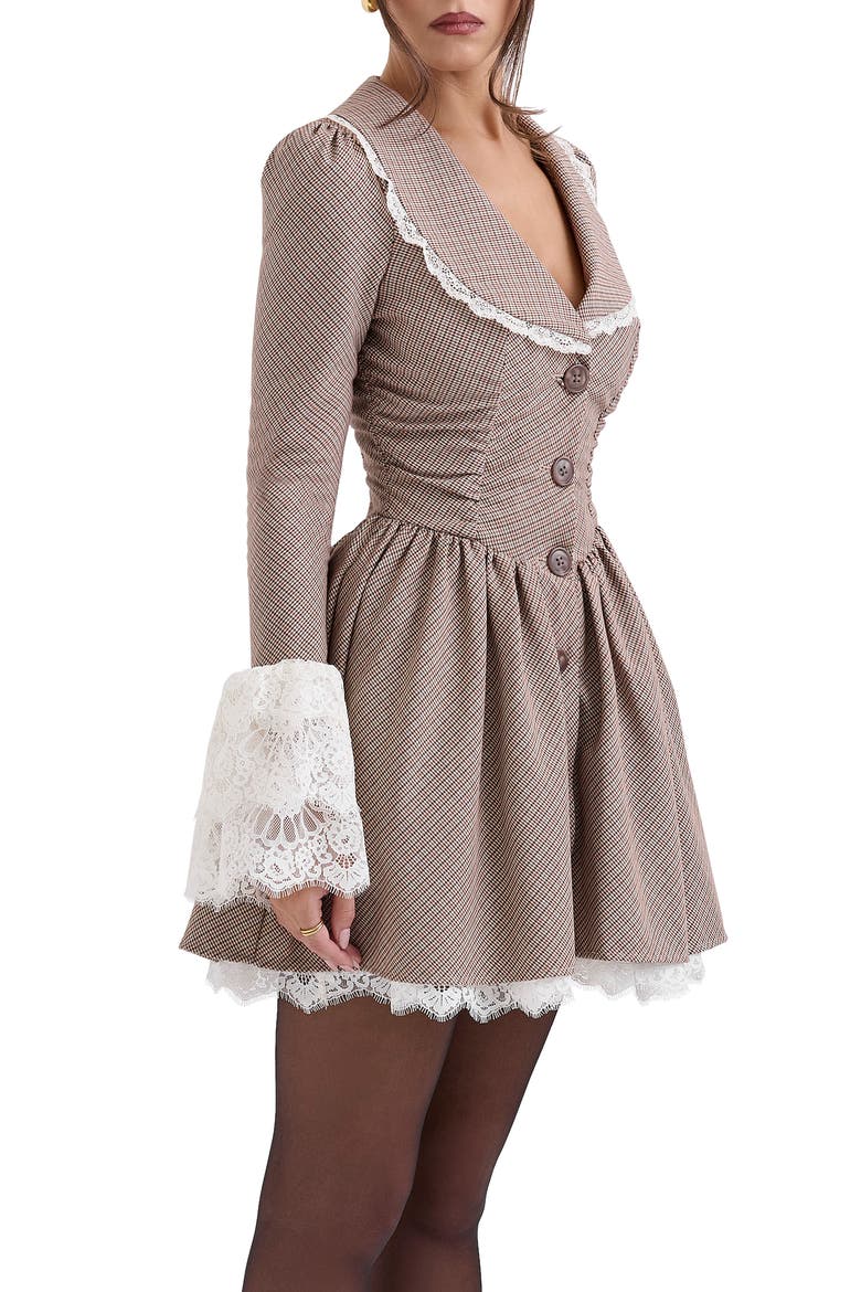 Sable Puppytooth Check Long Sleeve Lace Trim Minidress, Alternate, color, BROWN CHECK
