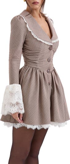 Sable Puppytooth Check Long Sleeve Lace Trim Minidress