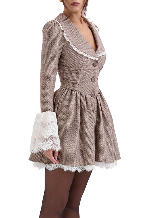 HOUSE OF CB HOUSE OF CB SABLE PUPPYTOOTH CHECK LONG SLEEVE LACE TRIM MINIDRESS 