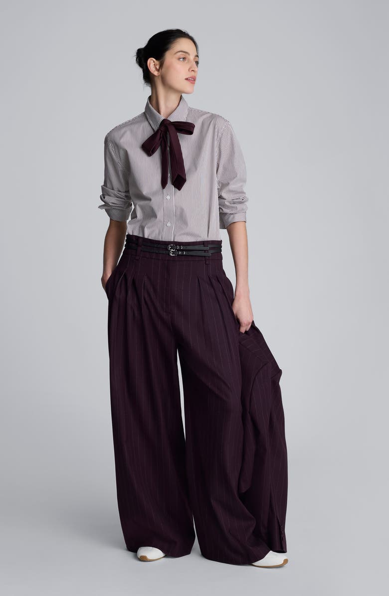 Kenneth Cole Pinstripe Pleated Double Belted High Waist Wide Leg Pants, Alternate, color, Deep Maroon Multi