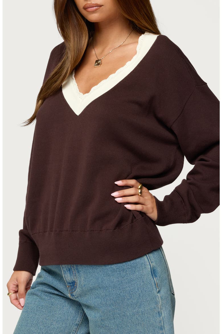 Marie Lace Contrast Cotton V-Neck Sweater, Alternate, color, BROWN