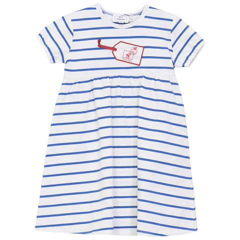 Striped Tag Applique Stretch Cotton Gathered Waist Dress