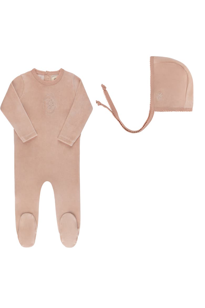 Velour Center Floral Collection - Footie + Bonnet, Main, color, Pink