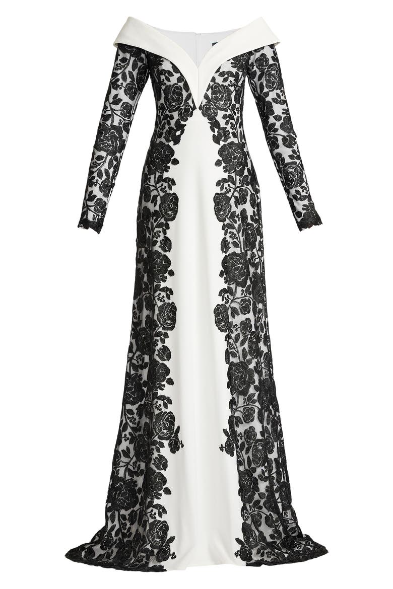Embroidered Portrait Collar Long Sleeve Crepe Gown, Alternate, color, BLACK/ IVORY