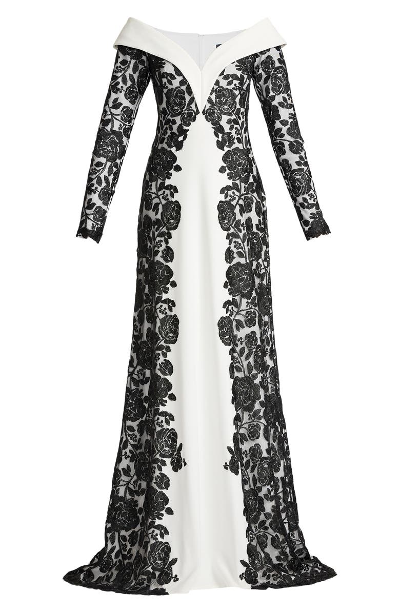 Tadashi Shoji Embroidered Portrait Collar Long Sleeve Crepe Gown, Alternate, color, Black/ Ivory