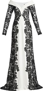 Tadashi Shoji Embroidered Portrait Collar Long Sleeve Crepe Gown