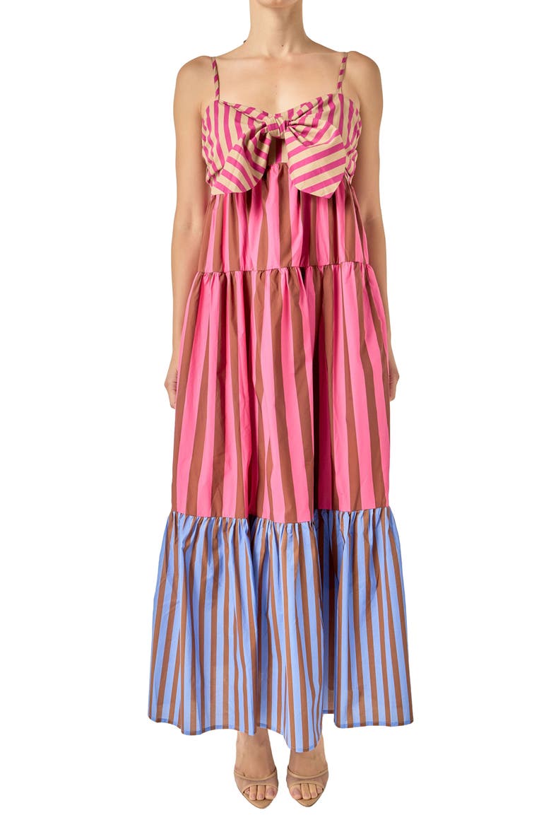 Stripe Bow Sleeveless Tiered Maxi Dress, Alternate, color, MULTI PINK