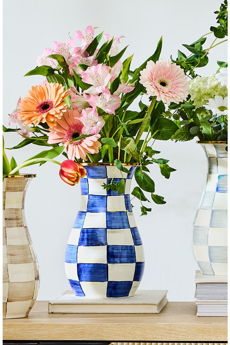 Royal Check Enameled Steel Tall Vase, Alternate, color, BLUE/ WHITE