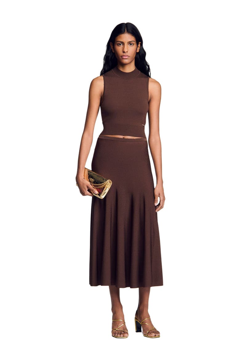 Cropped sheer effect sweater, Alternate, color, Brown