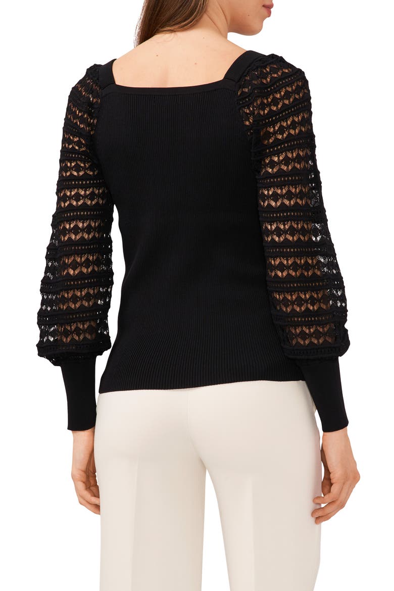 Lacy Sleeve Square Neck Sweater, Alternate, color, RICH BLACK