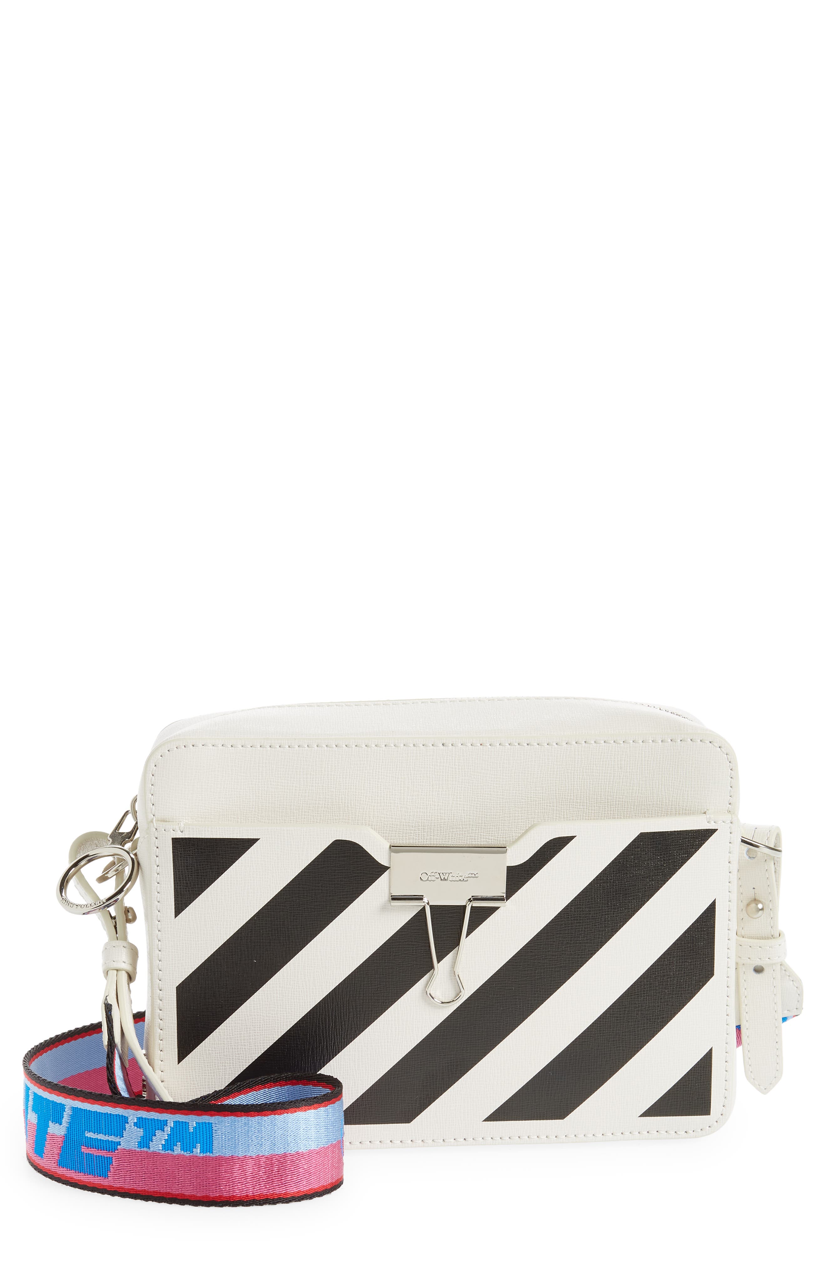 Off-White Diagonal Stripe Leather Convertible Camera Crossbody Bag, Main, color, 