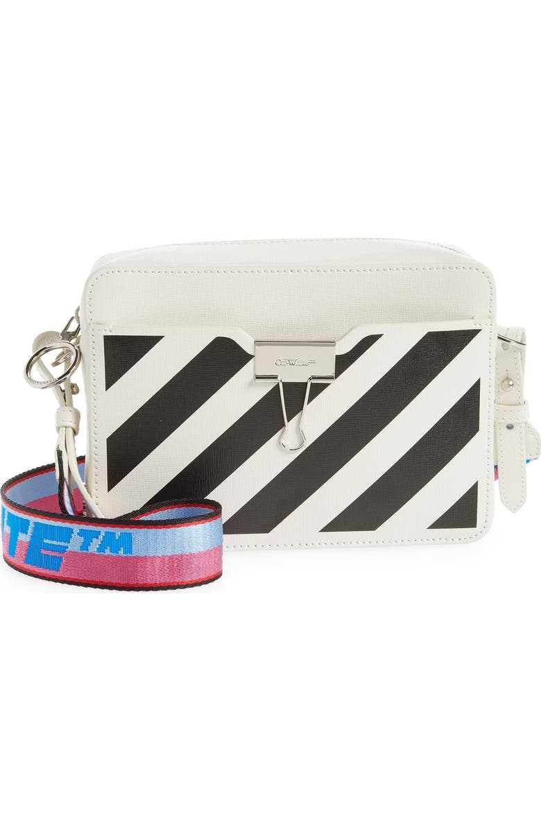 Off-White Diagonal Stripe Leather Convertible Camera Crossbody Bag, Main, color,