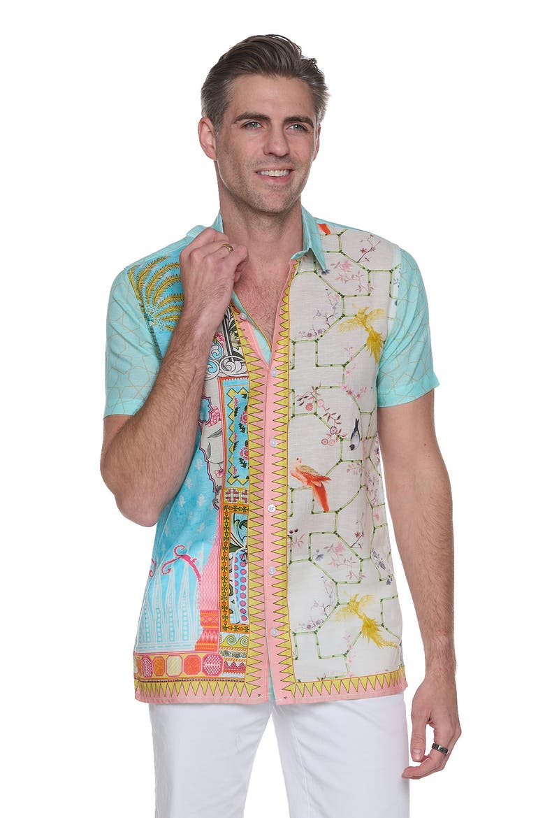Extra Trim Fit Print Linen & Cotton Camp Shirt, Alternate, color, GREEN