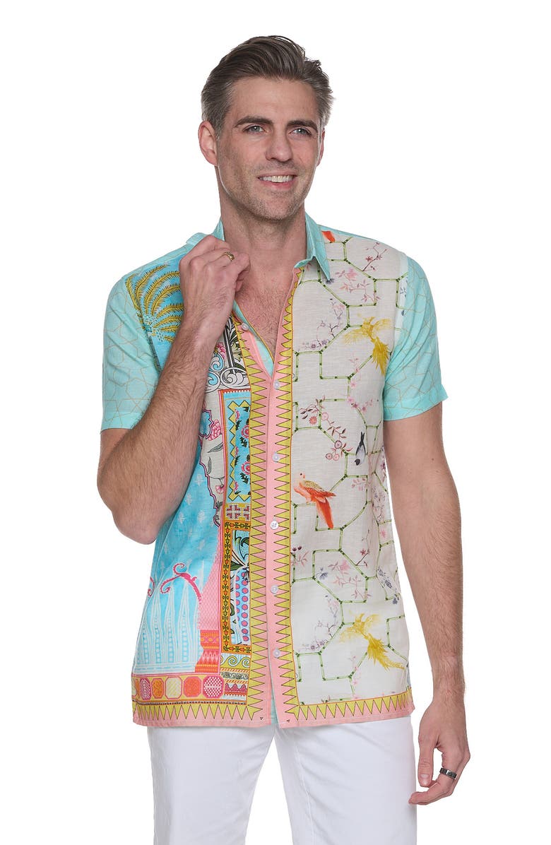 RANEES Extra Trim Fit Print Linen & Cotton Camp Shirt, Alternate, color, Green