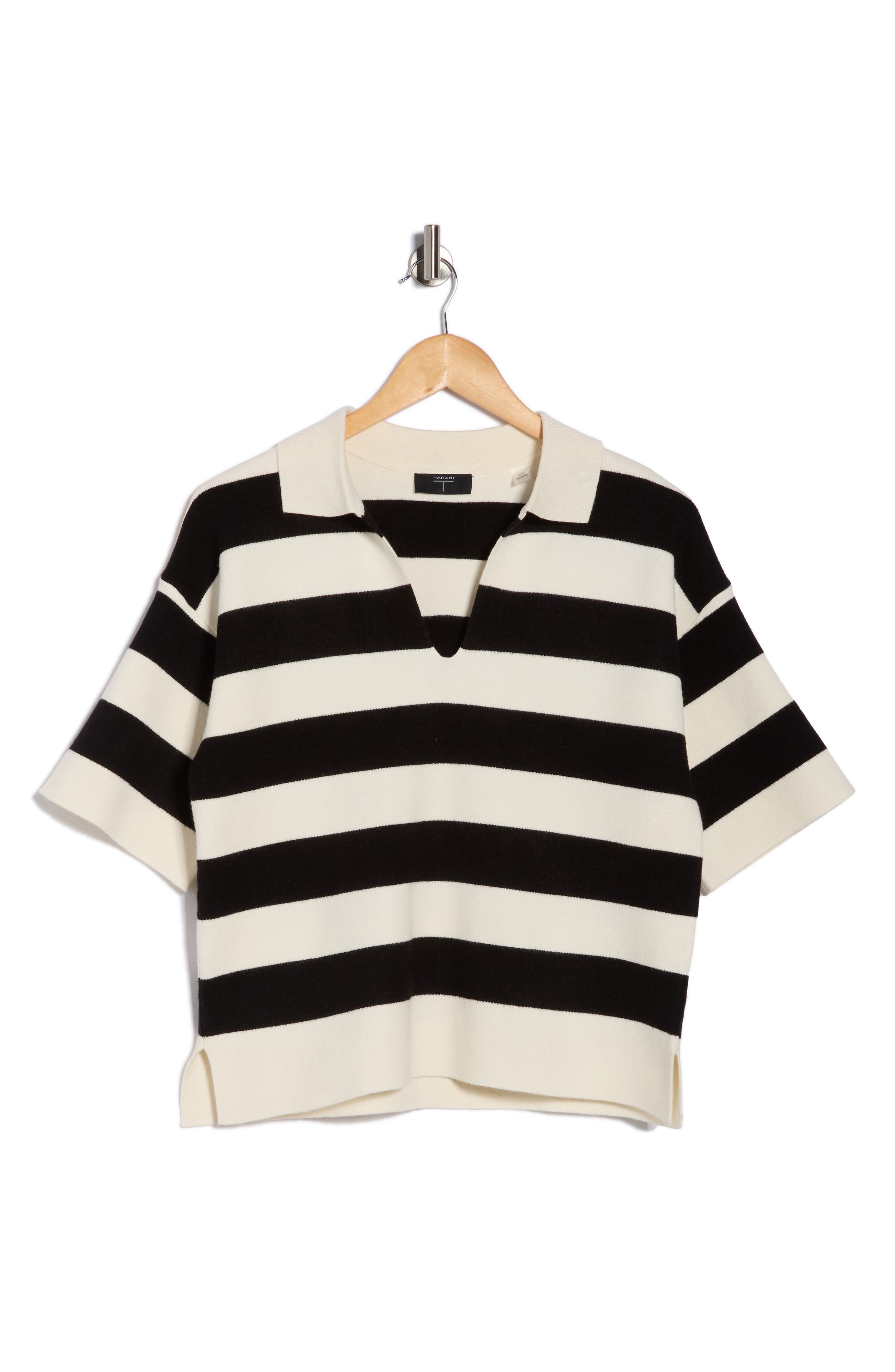 T Tahari Stripe Short Sleeve Polo Sweater