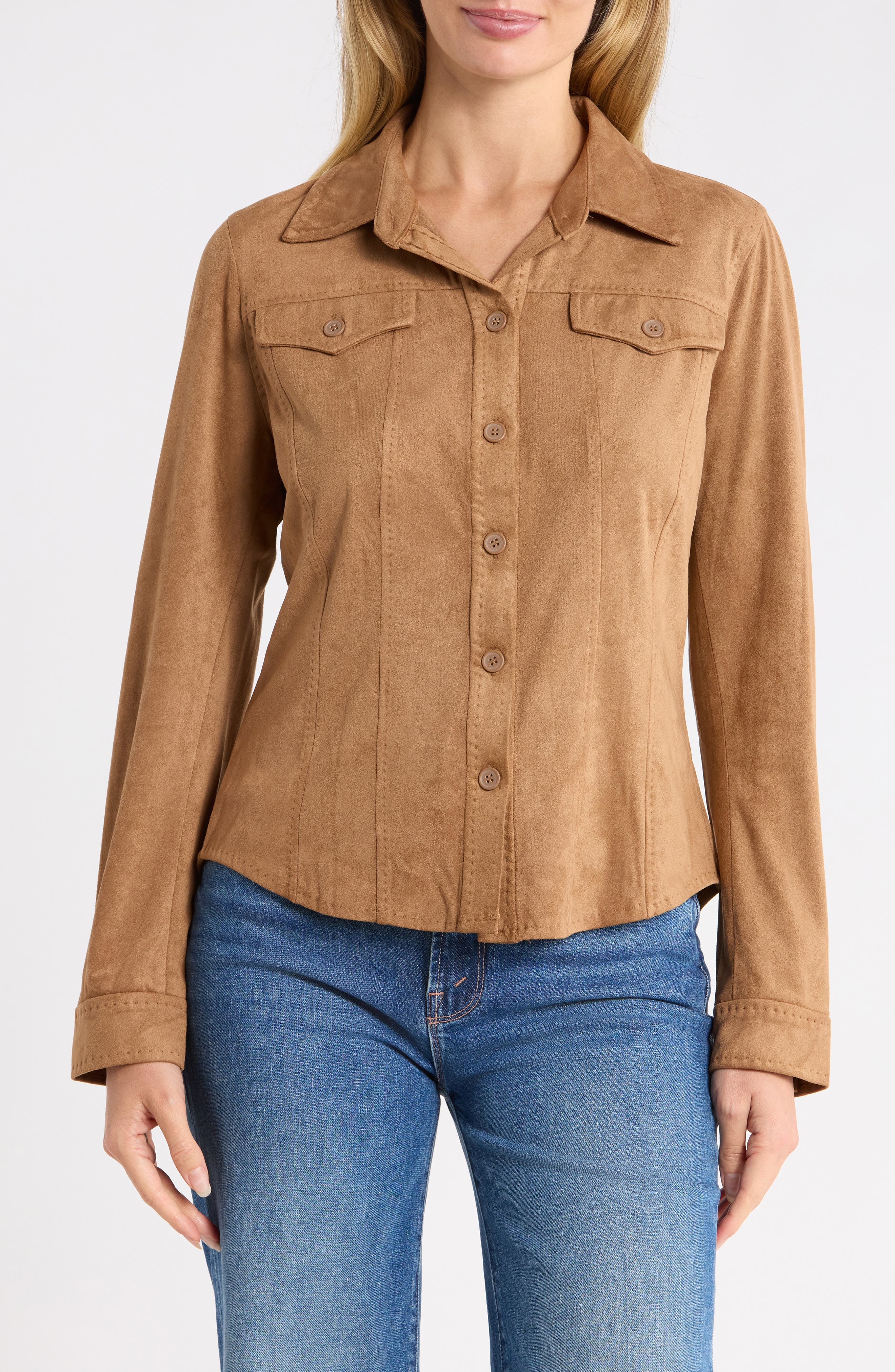 Faux Suede Button Front Shirt