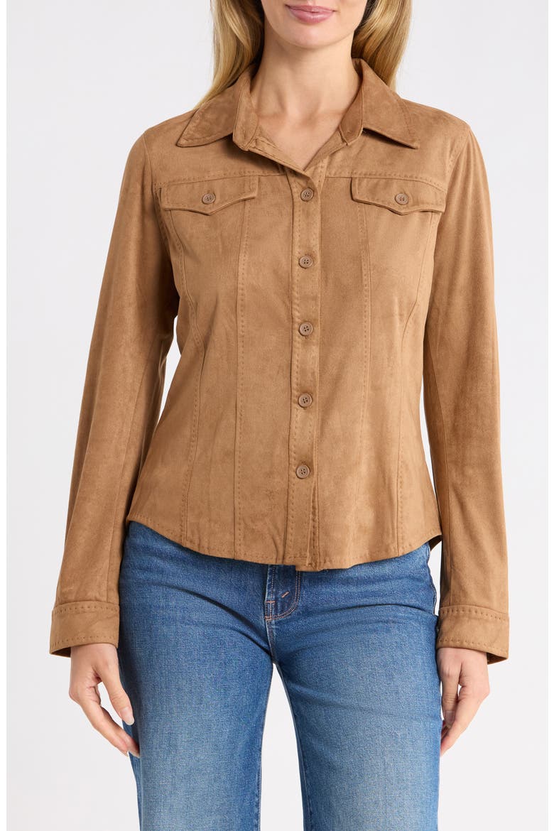 Faux Suede Button Front Shirt, Main, color, VICUNA