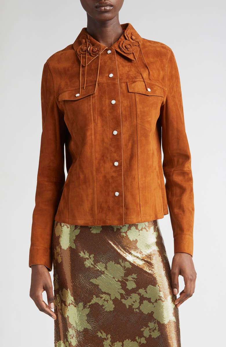 Versace Floral Appliqué Suede Jacket, Main, color, Tobacco