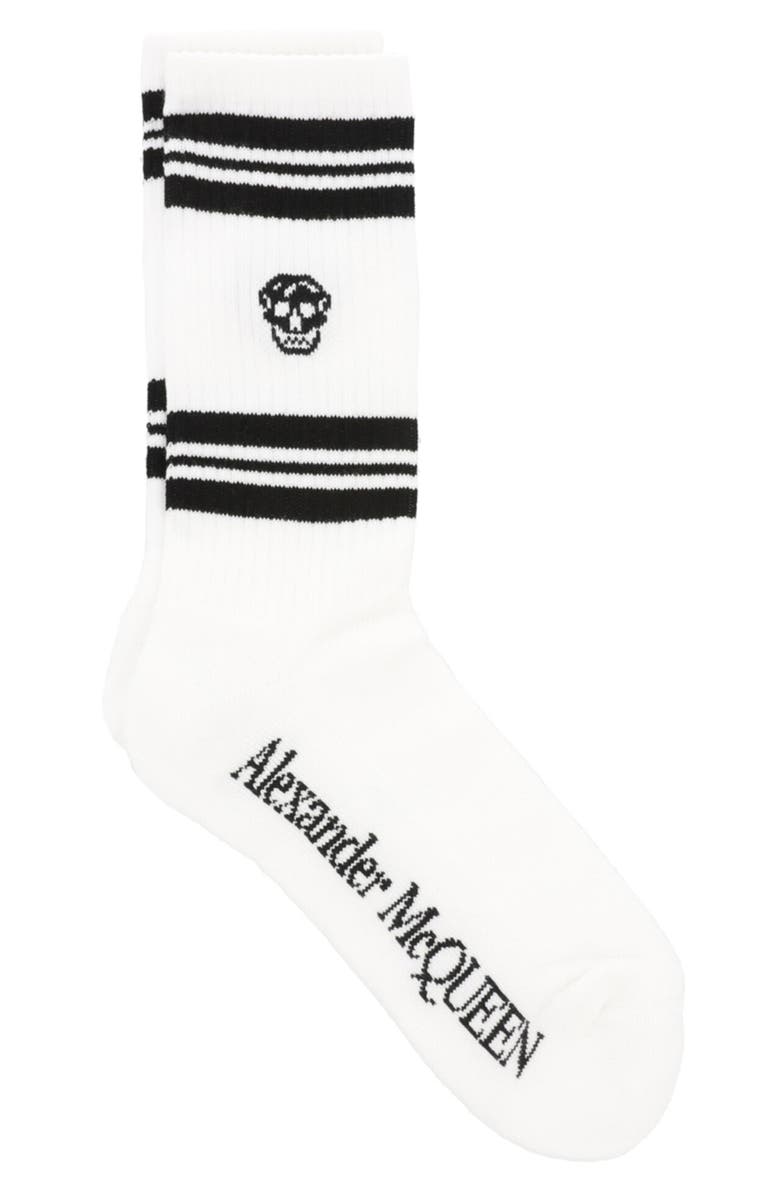 McQueen Stripe Skull Logo Crew Socks, Main, color, White Black
