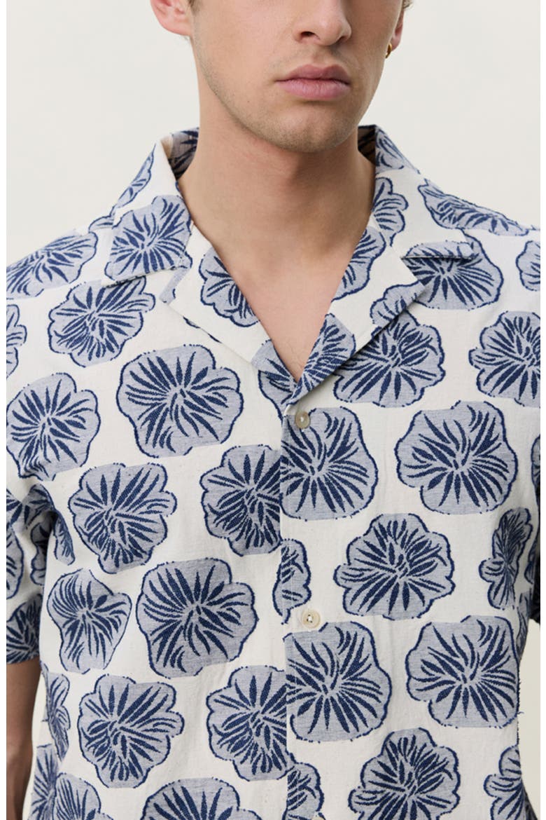 Dahlia Floral Jacquard Cotton & Linen Blend Camp Shirt, Alternate, color, DARK DENIM BLUE