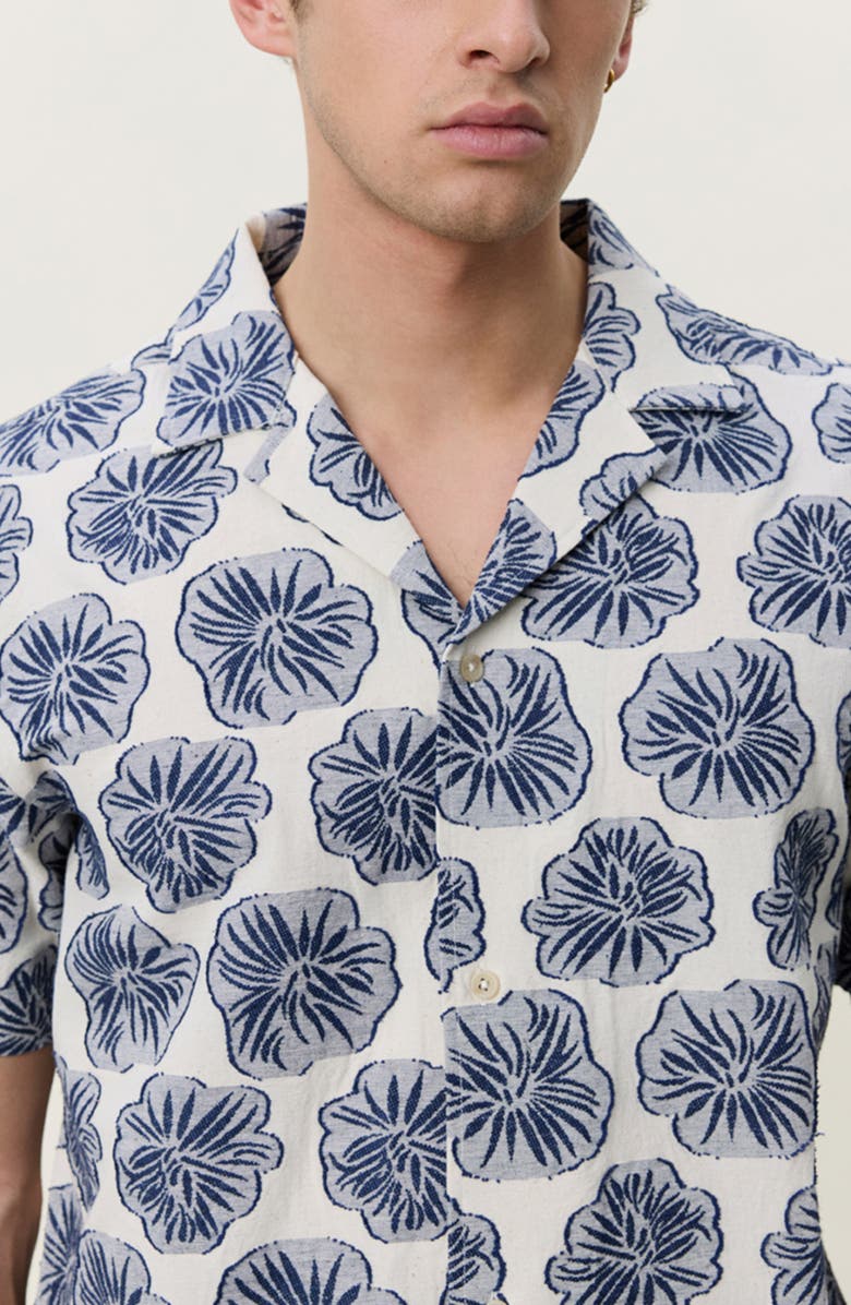 Les Deux Dahlia Floral Jacquard Cotton & Linen Blend Camp Shirt, Alternate, color, Dark Denim Blue
