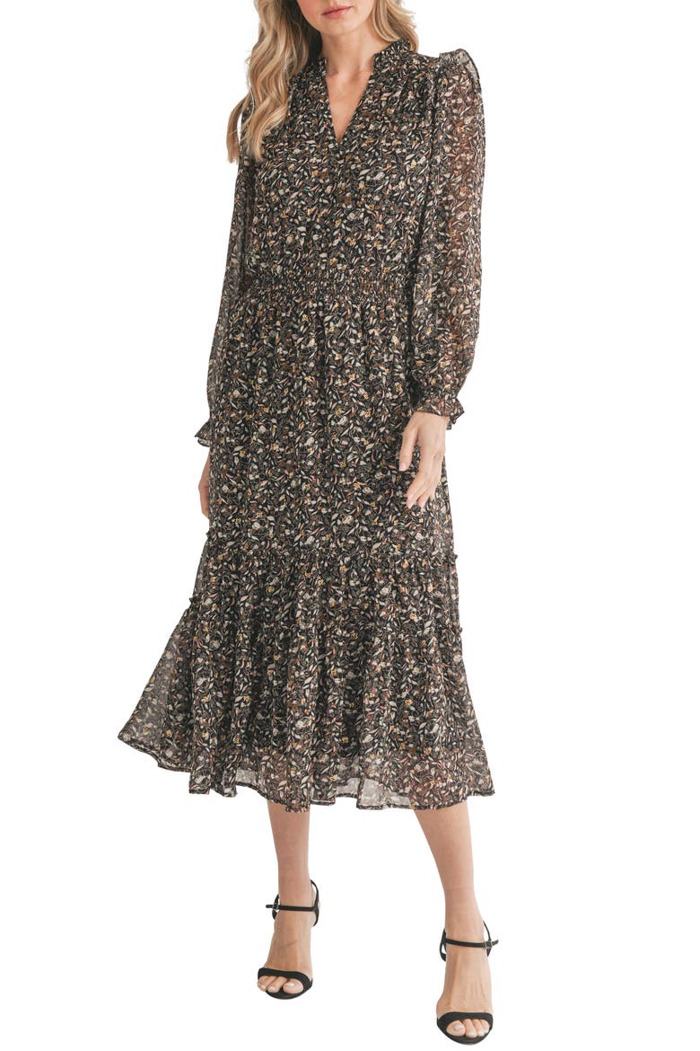 Ditsy Floral Long Sleeve Maxi Dress, Main, color, BLACK MULTI