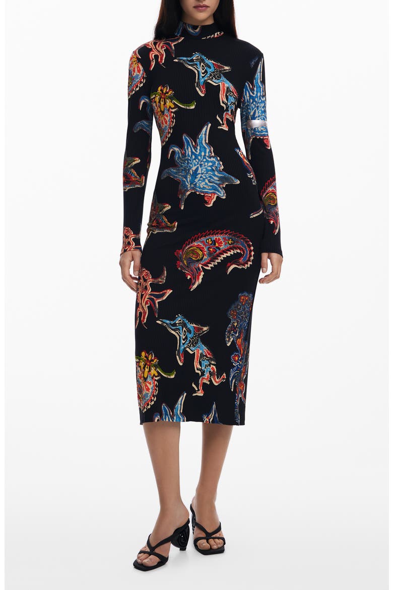Abstract Print Long Sleeve Midi Dress, Main, color, BLACK