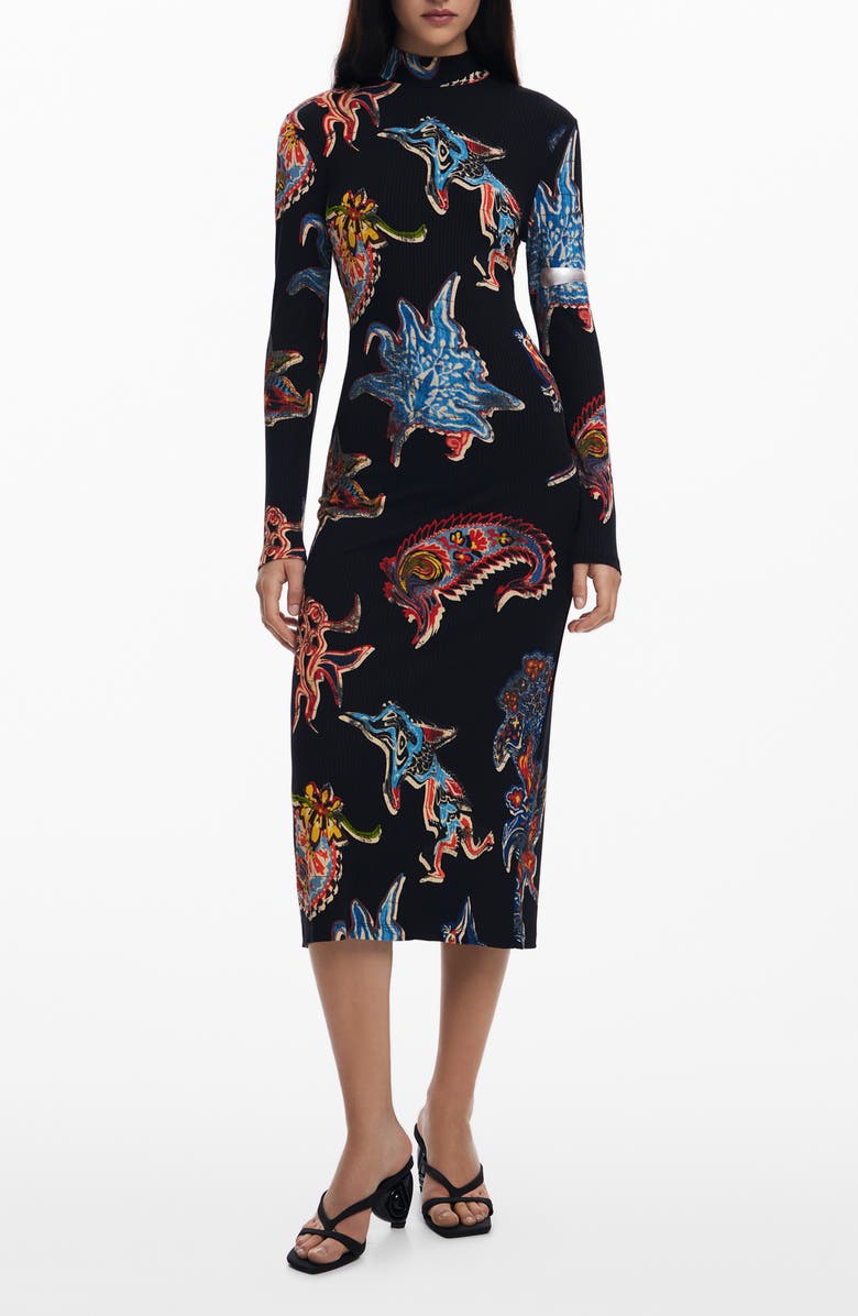 Desigual Abstract Print Long Sleeve Midi Dress, Main, color,