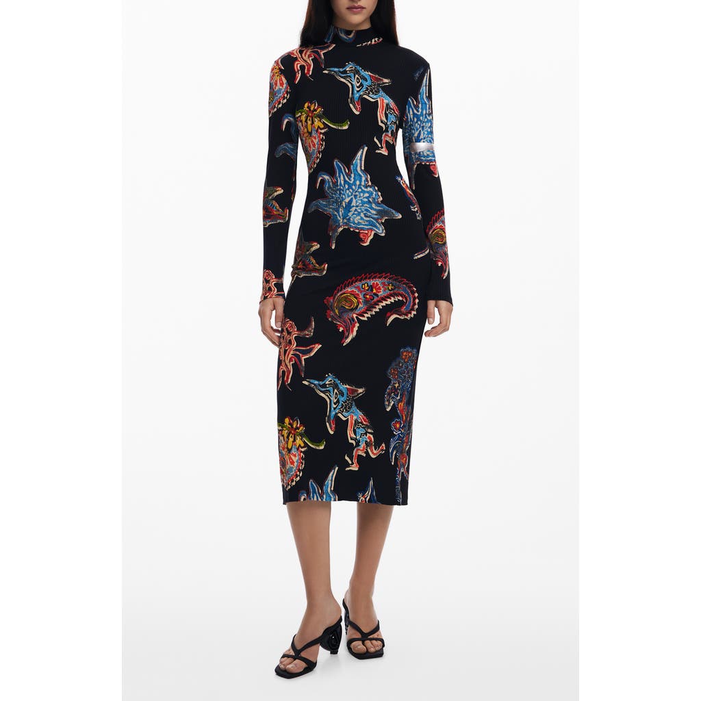 Desigual Abstract Print Long Sleeve Midi Dress In Black