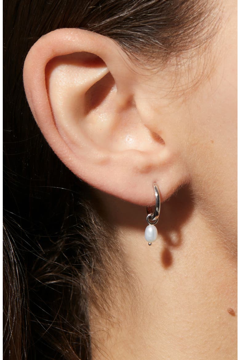 Freshwater Pearl Huggie Hoop Earrings, Alternate, color, SILVER / WHITE