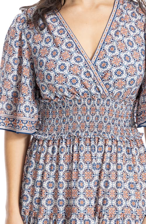Max Studio Smocked Waist Midi Dress In Cream/blue Lace Geo