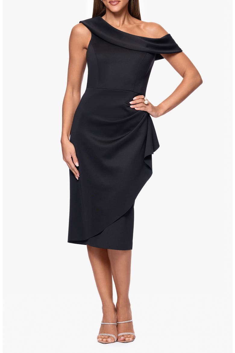 One-Shoulder Ruched Cocktail Midi Dress, Main, color, BLACK
