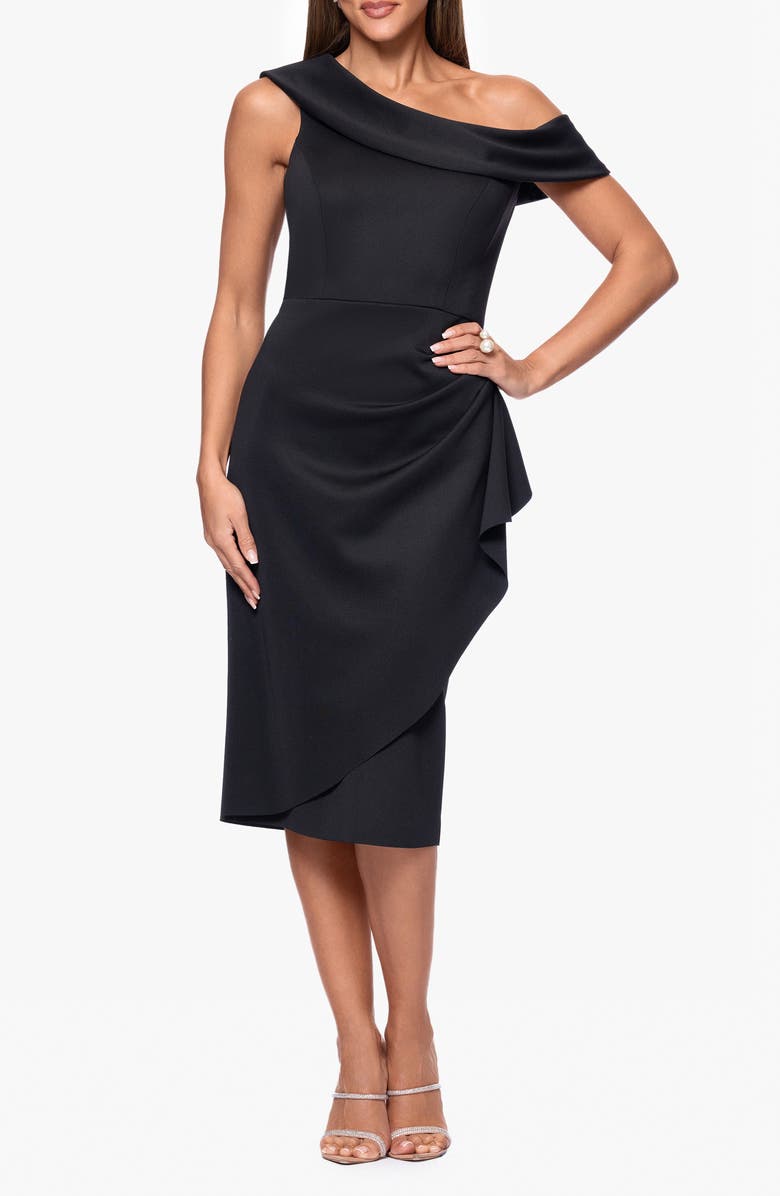 Xscape Evenings One-Shoulder Ruched Cocktail Midi Dress, Main, color, 