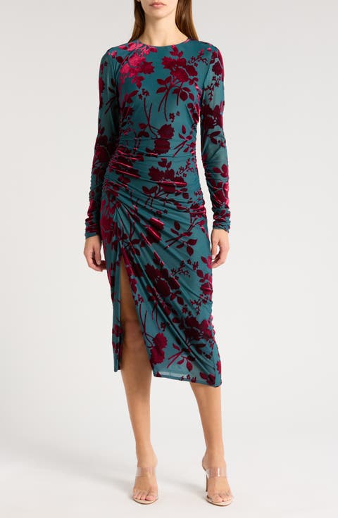Floral Burnout Velvet Long Sleeve Midi Dress