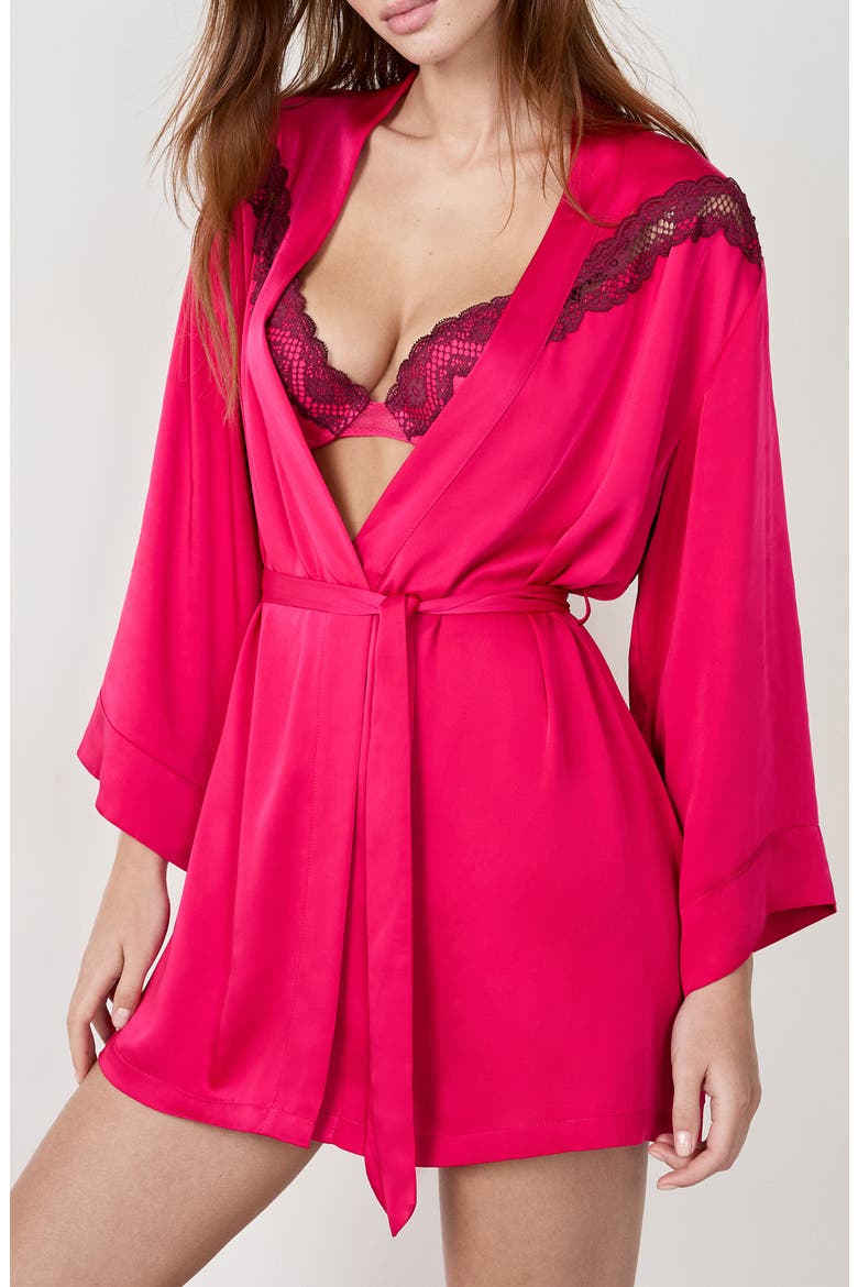 Attitude Deshabille Lace Trim Satin Robe, Alternate, color, PETUNIA