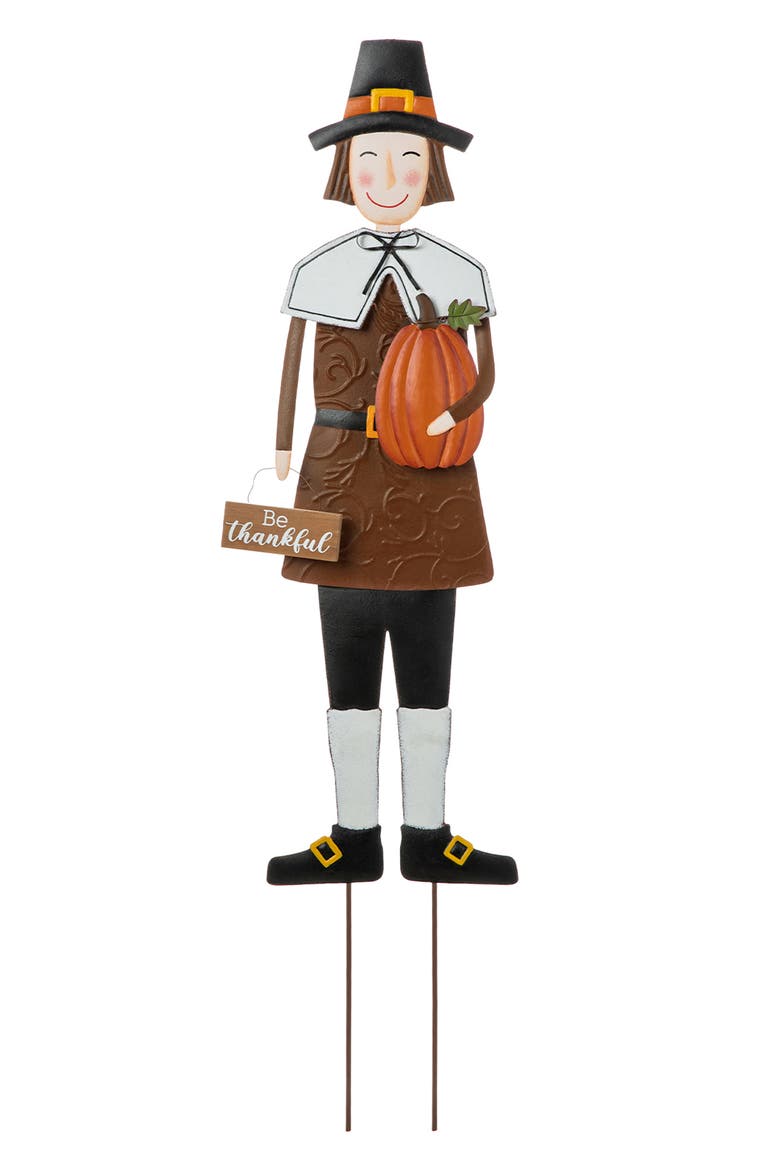 Metal Thanksgiving Pilgrim Boy Girl Yard Stake Standing or Wall Decor, Main, color, Brown