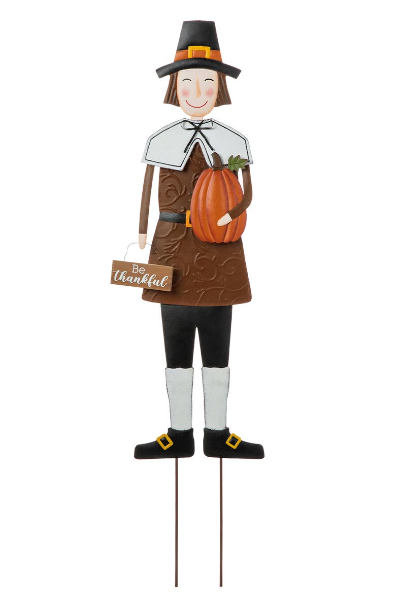 Glitzhome Metal Thanksgiving Pilgrim Boy Girl Yard Stake Standing or Wall Decor, Main, color, 