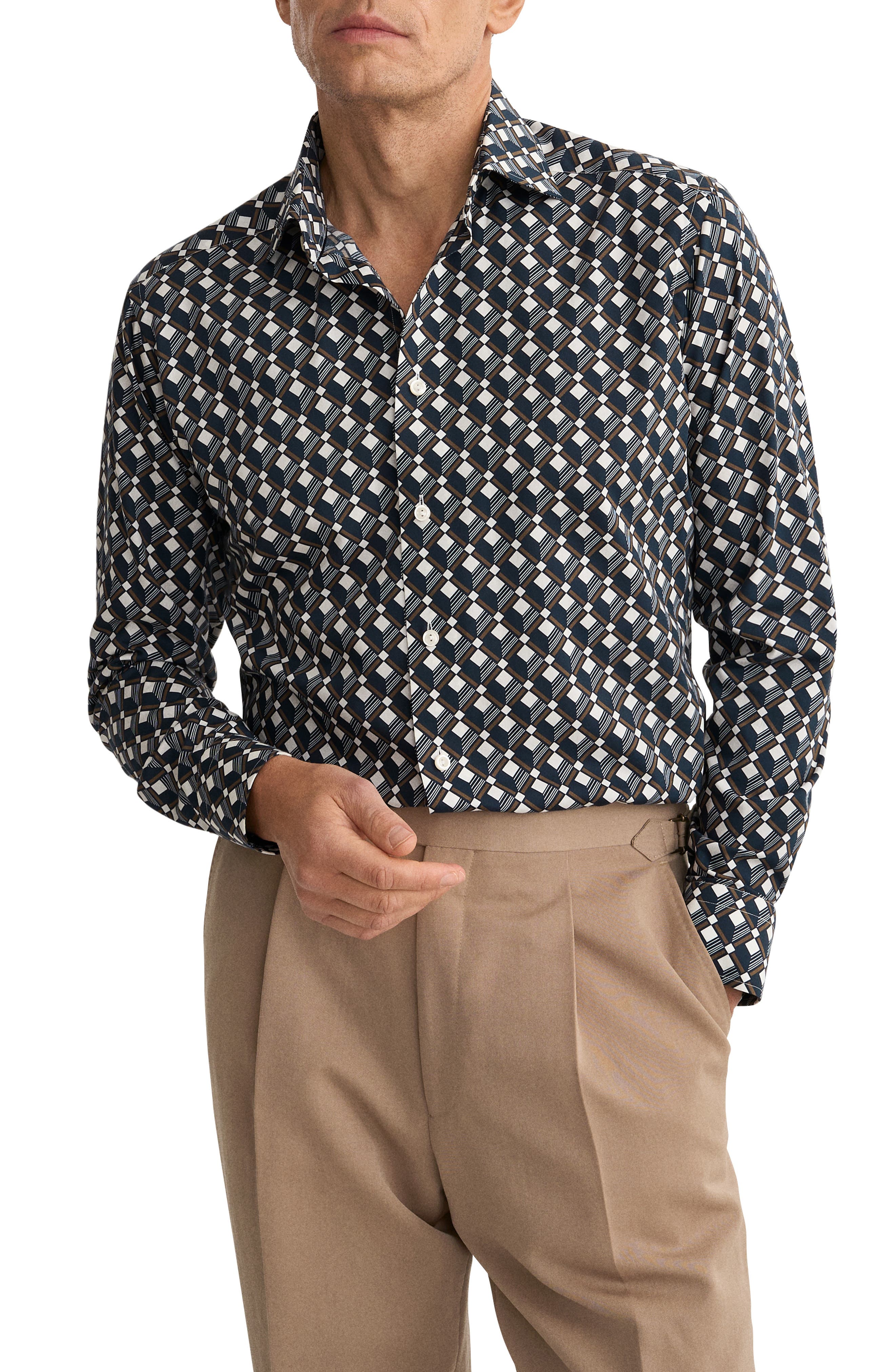 Slim Fit Diamond Geometric Print Dress Shirt