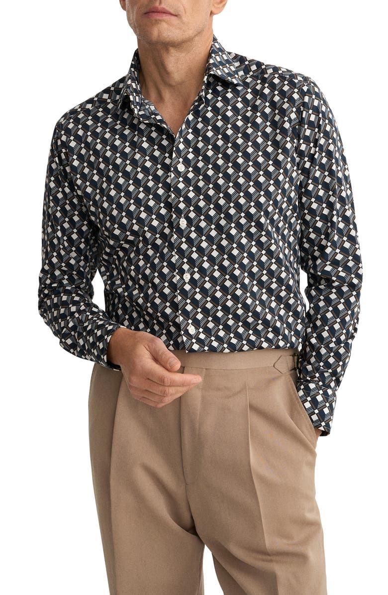 Eton Slim Fit Diamond Geometric Print Dress Shirt, Main, color, Navy
