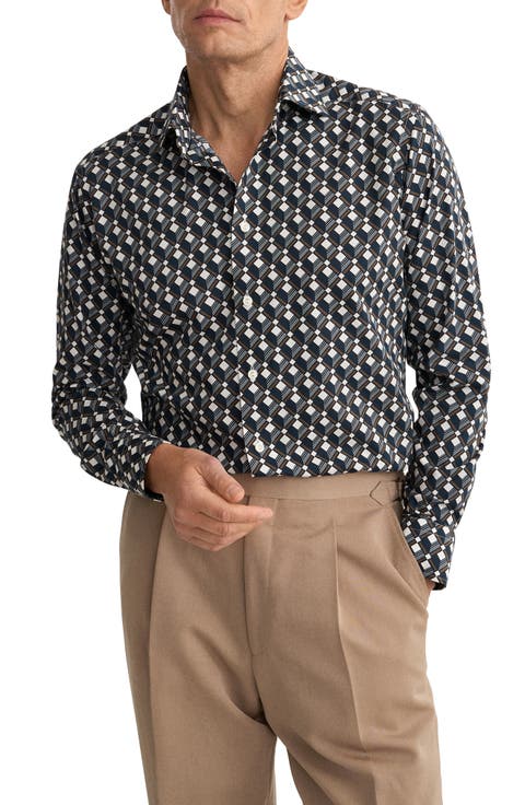 Slim Fit Diamond Geometric Print Dress Shirt