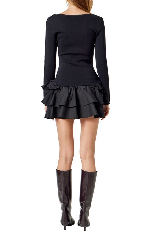 Endless Rose Mixed Media Long Sleeve Minidress In Black