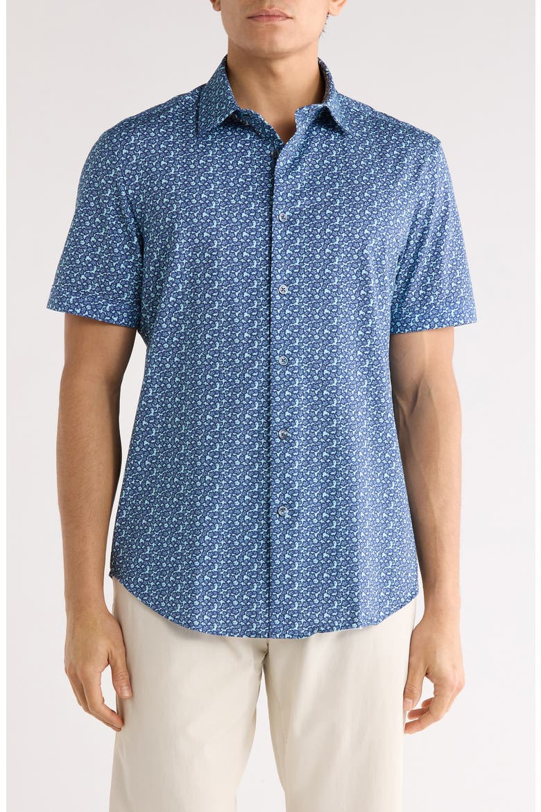 Floral Print Short Sleeve Button-Up Shirt, Main, color, AQUA