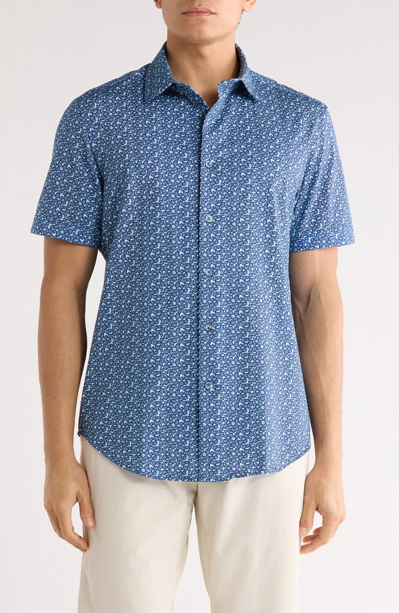 Bugatchi Floral Print Short Sleeve Button-Up Shirt, Main, color, Aqua
