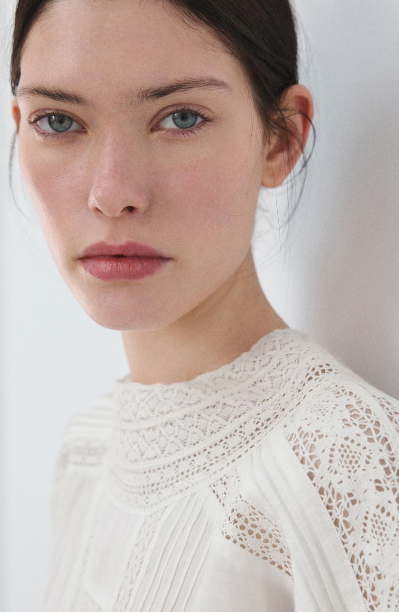 MANGO Lace Inset Woven Shirt, Alternate, color, Off White