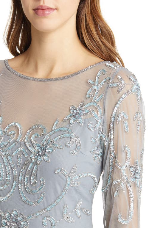 Pisarro Nights Beaded Illusion Neck Gown In Blue