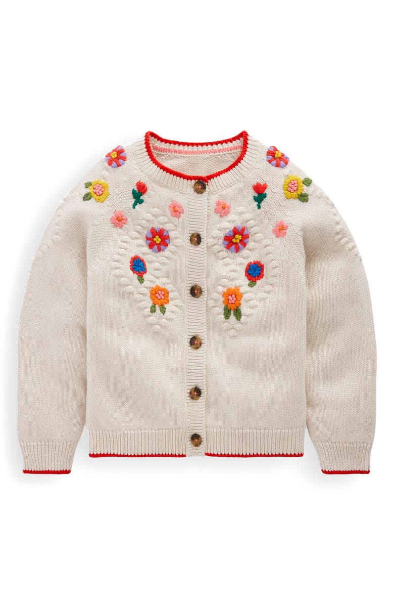 Mini Boden Kids' Floral Embroidered Cotton Cardigan, Main, color, Ecru Marl Flowers